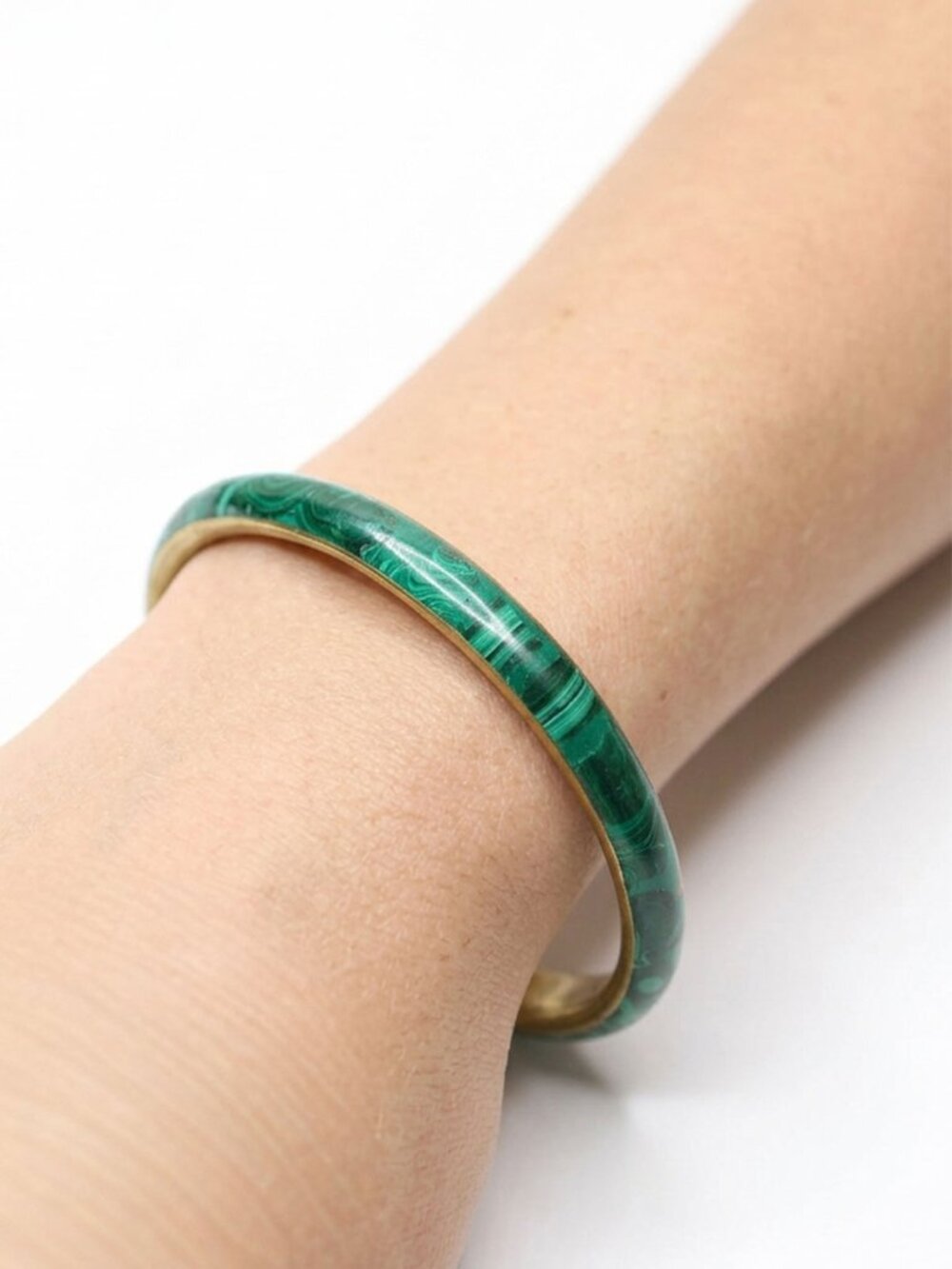 Vintage Faux Green Malachite Inlay Bangle Bracelet Gold Tone Boho Statement